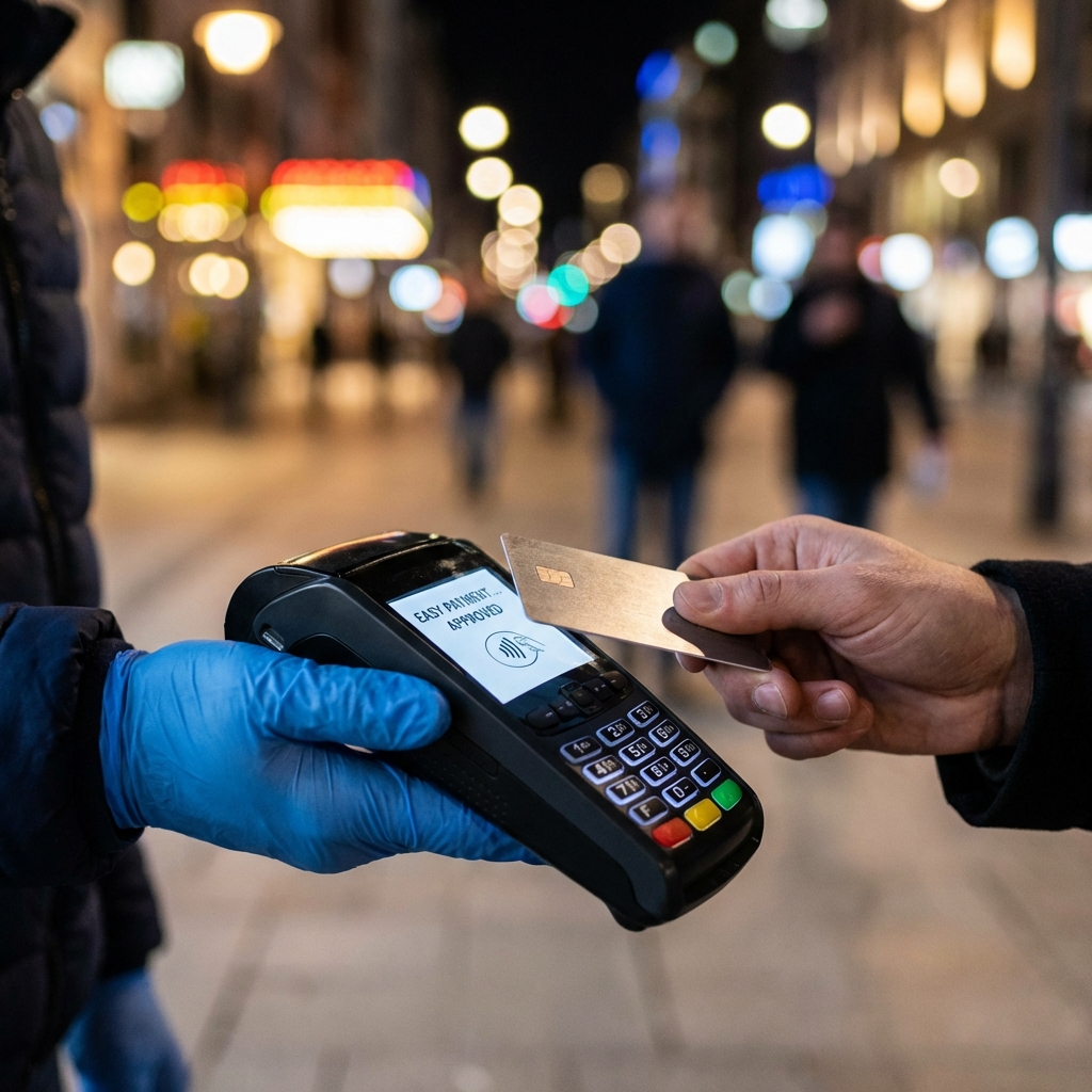 Pago con tarjeta en terminal contactless de noche