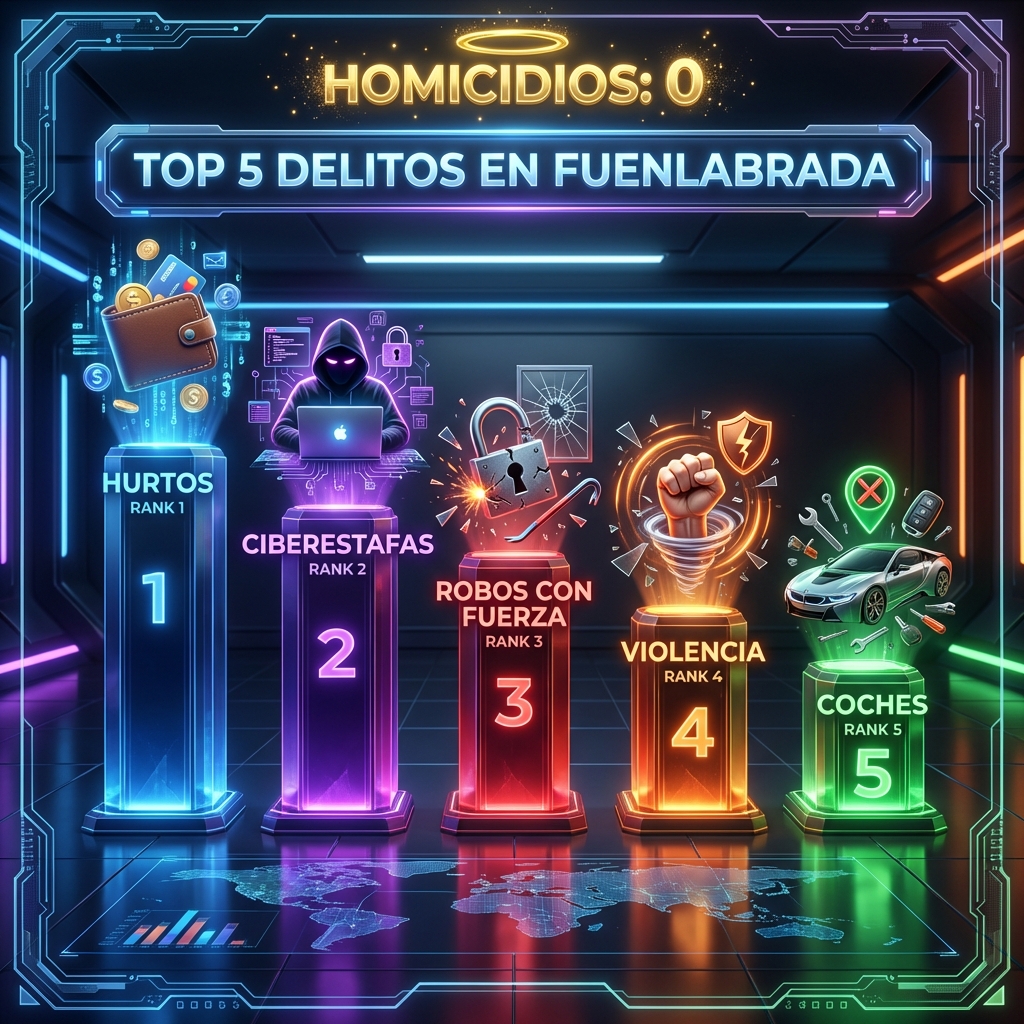 Infografía 3D Top 5 Delitos Fuenlabrada: Hurtos, Estafas, Robos Fuerza