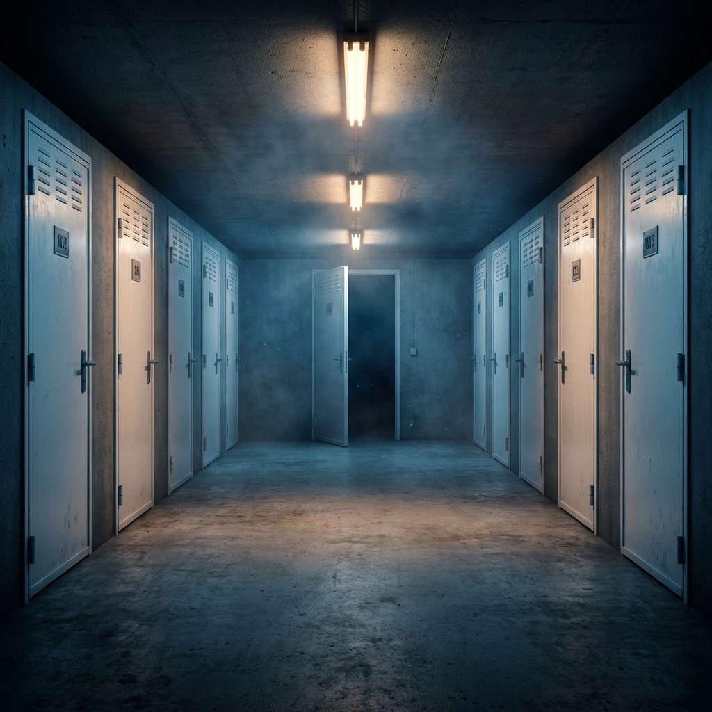 Pasillo de trasteros oscuro